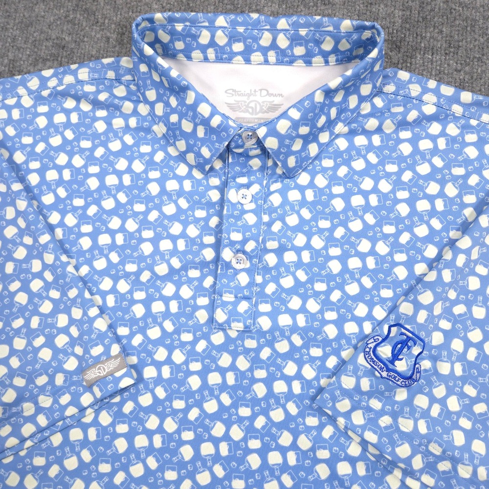 Straight Down Polo Mens XL Blue Whiskey Drinks AOP Performance Thomson Golf Club